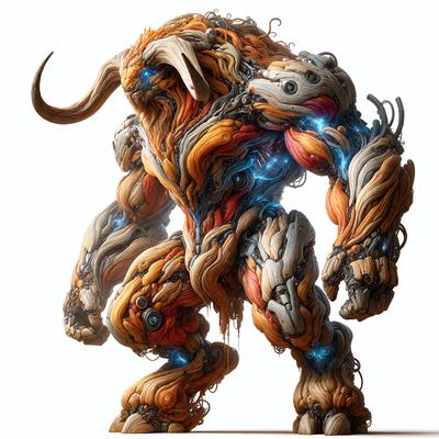 The primary subject of the image is a large, intricately designed robot with a mix of orange and blue colors. The robot is standing in a white background, giving it a clean and modern appearance. The visual style of the image is a combination of digital art and illustration, showcasing the robot's unique design and details. The colors and mood of the image are vibrant and energetic, with the orange and blue hues creating a sense of warmth and excitement.